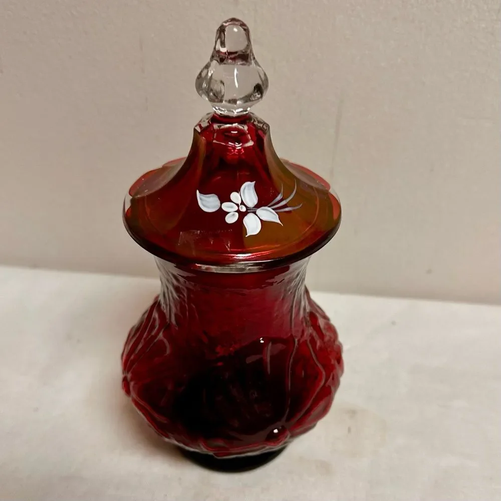 Vintage Ruby Red Glass Apothecary Jar Candy Jar with Lid Handpainted Florals